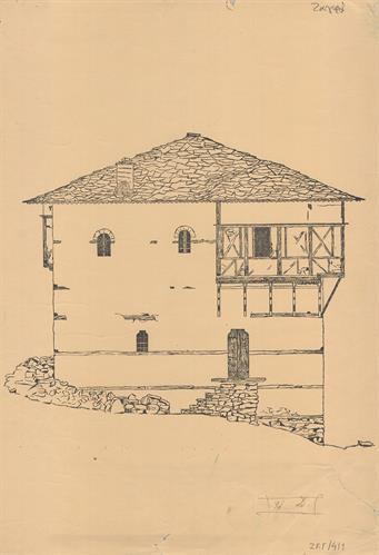 Ζαγορά Πηλίου, οικία Γκαραγκάνη. Αρχιτεκτονικό σχέδιο, πρόσοψη, αναπαραγωγή, του Φρισλάντερ Κλάους για τον Σύλλογο Ελληνική Λαϊκή Τέχνη, 1939