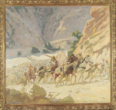 Η διάβαση του Στρυμόνα στα στενά της Κρέσνας από τον ελληνικό στρατό τον Ιούλιο 1913, κατά τον Β΄ Βαλκανικό Πόλεμο. Ελαιογραφία σε μουσαμά του G. Scott, 1914.