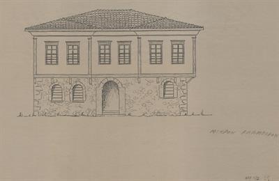 Μικρό Αλάμπορο Ημαθίας, οικία Απόστολου Πανταζή. Αρχιτεκτονικό σχέδιο, όψη, του Αργυρόπουλου Γ. για τον Σύλλογο Ελληνική Λαϊκή Τέχνη, 1938