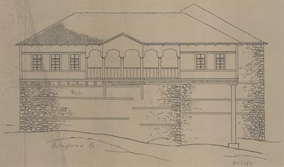Αντάρτικο Φλώρινας, οικία Ιωάννου. Αρχιτεκτονικό σχέδιο, πρόσοψη, για τον Σύλλογο Ελληνική Λαϊκή Τέχνη, 1937
