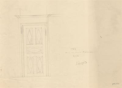 Αρδέα Πέλλης (Αριδαία), οικία Κώστα Στρημάχου. Αρχιτεκτονικό σχέδιο, όψη πόρτας, προσχέδιο, του Μοναστηριώτη Ν. για τον Σύλλογο Ελληνική Λαϊκή Τέχνη, 1938