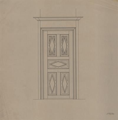 Αρδέα Πέλλης (Αριδαία), οικία Κώστα Στρημάχου. Αρχιτεκτονικό σχέδιο, όψη πόρτας, του Μοναστηριώτη Ν. για τον Σύλλογο Ελληνική Λαϊκή Τέχνη, 1938
