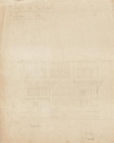 Βέροια, οικία Ρακτιβάν. Αρχιτεκτονικό σχέδιο, προσχέδιο πρόσοψης, του Δημήτρη Μωρέτη για τον Σύλλογο Ελληνική Λαϊκή Τέχνη, 1936