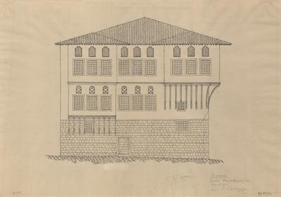 Βέροια, οικία Ρακτιβάν. Αρχιτεκτονικό σχέδιο, πρόσοψη, του Γιώργου Γιαννουλέλλη για τον Σύλλογο Ελληνική Λαϊκή Τέχνη, 1936
