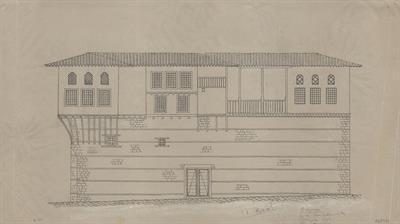 Βέροια, οικία Ρακτιβάν. Αρχιτεκτονικό σχέδιο, πλάγια όψη, του Δημήτρη Μωρέτη για τον Σύλλογο Ελληνική Λαϊκή Τέχνη, 1936