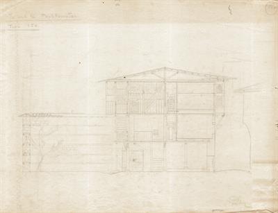 Βέροια, οικία Ρακτιβάν. Αρχιτεκτονικό σχέδιο, τομή, προσχέδιο, του Δημήτρη Μωρέτη για τον Σύλλογο Ελληνική Λαϊκή Τέχνη, 1936