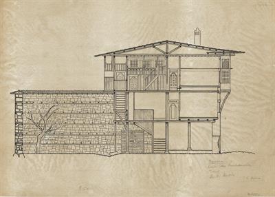 Βέροια, οικία Ρακτιβάν. Αρχιτεκτονικό σχέδιο, τομή, του Δημήτρη Μωρέτη για τον Σύλλογο Ελληνική Λαϊκή Τέχνη, 1936