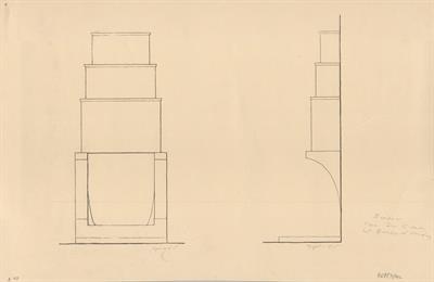 Βέροια, οικία Κανάκη ή Βικέλλα. Τζάκι. Αρχιτεκτονικό σχέδιο, όψη και πλάγια όψη, του Γιώργου Γιαννουλέλλη για τον Σύλλογο Ελληνική Λαϊκή Τέχνη, 1936 ή 1937