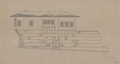 Βέροια, οικία Τσούπελη. Αρχιτεκτονικό σχέδιο, πρόσοψη Α&#039;, του Γιώργου Γιαννουλέλλη για τον Σύλλογο Ελληνική Λαϊκή Τέχνη, 1937