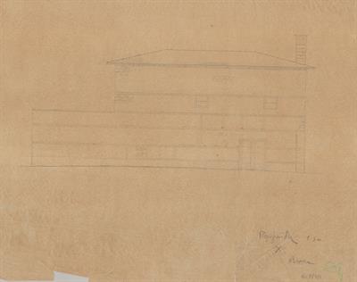 Βέροια, οικία Πολυζωίδη. Αρχιτεκτονικό σχέδιο, προσχέδιο πρόσοψης, του Περικλή Χατζόπουλου για τον Σύλλογο Ελληνική Λαϊκή Τέχνη, 1937