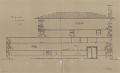 Βέροια, οικία Πολυζωίδη. Αρχιτεκτονικό σχέδιο, πρόσοψη, του Περικλή Χατζόπουλου για τον Σύλλογο Ελληνική Λαϊκή Τέχνη, 1937