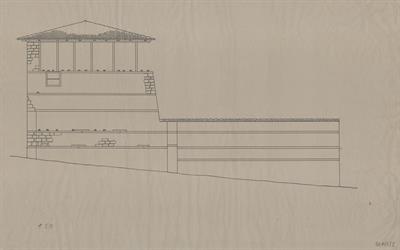 Βέροια, οικία Πολυζωίδη. Αρχιτετκονικό σχέδιο, πλάγια όψη, του Περικλή Χατζόπουλου για τον Σύλλογο Ελληνική Λαϊκή Τέχνη, 1937