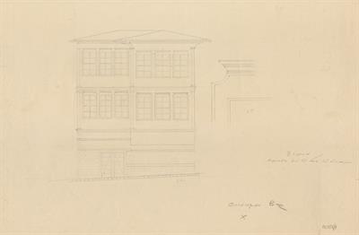 Βέροια, οικία Οικονόμου. Αρχιτεκτονικό σχέδιο, πρόσοψη, προσχέδιο, του Περικλή Χατζόπουλου για τον Σύλλογο Ελληνική Λαϊκή Τέχνη, 1937