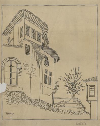 Βέροια. Αρχιτεκτονικό σχέδιο, προοπτικό, σκαρίφημα, του Γιώργου Γιαννουλέλλη για τον Σύλλογο Ελληνική Λαϊκή Τέχνη, 1937