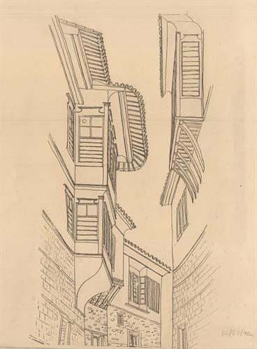 Βέροια. Αρχιτεκτονικό σχέδιο, προοπτικό όψεων σε δρόμο, του Βαλάτα Γ. για τον Σύλλογο Ελληνική Λαϊκή Τέχνη, 1937
