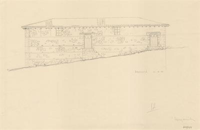 Βούλτσιστα Σερρών. Αρχιτεκτονικό σχέδιο, πρόσοψη, προσχέδιο, του Αργυρόπουλου Γ. για τον Σύλλογο Ελληνική Λαϊκή Τέχνη, 1937