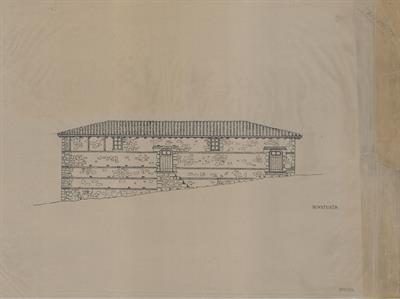 Βούλτσιστα Σερρών. Αρχιτεκτονικό σχέδιο, πρόσοψη, του Αργυρόπουλου Γ. για τον Σύλλογο Ελληνική Λαϊκή Τέχνη, 1938