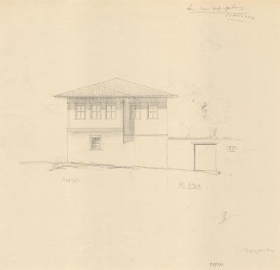Γιαννιτσά Πέλλας, οικία Γεωργίου Χατζηγιοβάνη. Αρχιτεκτονικό σχέδιο, πρόσοψη, προσχέδιο, του Αργυρόπουλου Γ. για τον Σύλλογο Ελληνική Λαϊκή Τέχνη, 1938