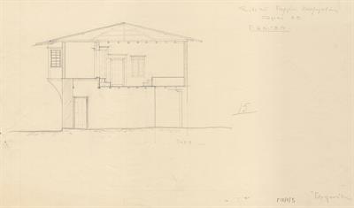 Γιαννιτσά Πέλλας, οικία Γεωργίου Χατζηγιοβάνη. Αρχιτεκτονικό σχέδιο, τομή, προσχέδιο, του Αργυρόπουλου Γ. για τον Σύλλογο Ελληνική Λαϊκή Τέχνη, 1938