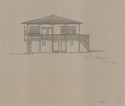 Γιαννιτσά Πέλλας, οικία Ελένης Μπαρμπίδου. Αρχιτεκτονικό σχέδιο, πρόσοψη, του Μοναστηριώτη Ν. (;) για τον Σύλλογο Ελληνική Λαϊκή Τέχνη, 1938