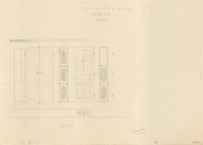 Γιαννιτσά Πέλλας, οικία Γιάννη Κουδούνα. Αρχιτεκτονικό σχέδιο, όψη ντουλαπιού, προσχέδιο, του Μοναστηριώτη Ν. για τον Σύλλογο Ελληνική Λαϊκή Τέχνη, 1938