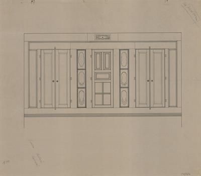 Γιαννιτσά Πέλλας, οικία Γιάννη Κουδούνα. Αρχιτεκτονικό σχέδιο, όψη ντουλαπιού, του Μοναστηριώτη Ν. για τον Σύλλογο Ελληνική Λαϊκή Τέχνη, 1938