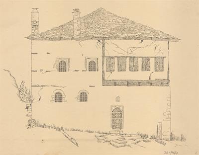 Ζαγορά Πηλίου, οικία Δ. Γαλάτου. Αρχιτεκτονικό σχέδιο, πρόσοψη, αναπαραγωγή, του Φρισλάντερ Κλάους για τον Σύλλογο Ελληνική Λαϊκή Τέχνη, 1939