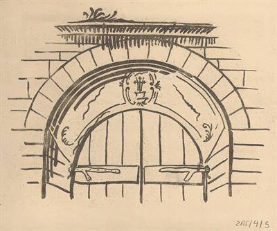 Ζαγορά Πηλίου. Αρχιτεκτονικό σχέδιο, λεπτομέρεια πόρτας, σκαρίφημα, αναπαραγωγή, για τον Σύλλογο Ελληνική Λαϊκή Τέχνη, 1939