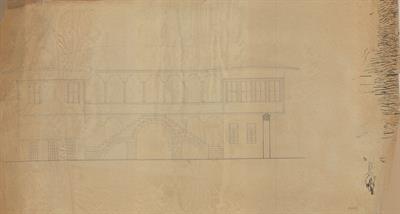Ιωάννινα, οικία Ιωαννίδη. Αρχιτεκτονικό σχέδιο, πρόσοψη, προσχέδιο, για τον Σύλλογο Ελληνική Λαϊκή Τέχνη, 1938