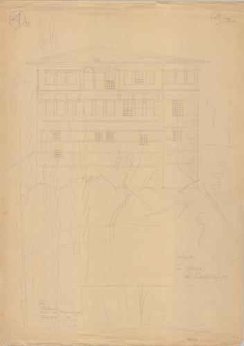 Καστοριά, οικία Παπατέρπου. Αρχιτεκτονικό σχέδιο, προσχέδιο πρόσοψης, της Πασχαλίδου-Μωρέτη Αλεξάνδρας για τον Σύλλογο Ελληνική Λαϊκή Τέχνη, 1936