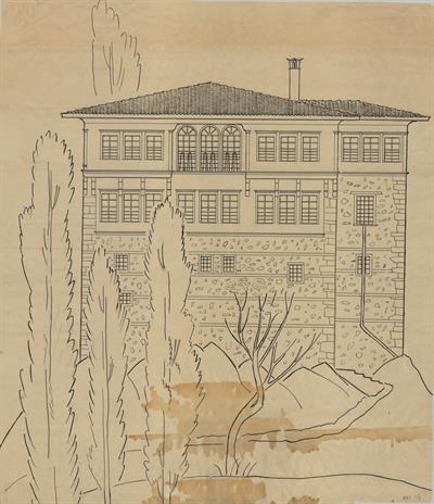 Καστοριά, Οικία Παπατέρπου. Αρχιτεκτονικό σχέδιο, πρόσοψη, της Πασχαλίδου - Μωρέτη Αλεξάνδρας για τον Σύλλογο Ελληνική Λαϊκή Τέχνη, 1936