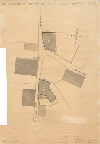 Καστοριά, οικίες Νανζή και Εμμανουήλ. Τοπογραφικό σχέδιο, η θέση δύο αρχοντικών, του Jenny M. για τον Σύλλογο Ελληνική Λαϊκή Τέχνη, 1935