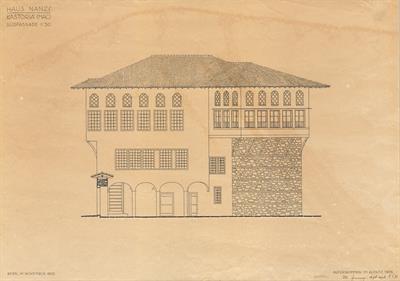 Καστοριά, οικία Νανζή. Αρχιτεκτονικό σχέδιο, αναπαραγωγή νότιας όψης, του Jenny M. για τον Σύλλογο Ελληνική Λαϊκή Τέχνη, 1935