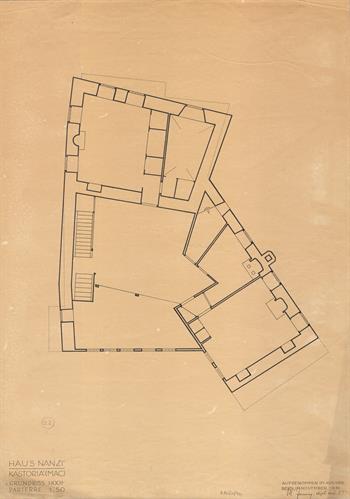 Καστοριά, οικία Νανζή. Αρχιτεκτονικό σχέδιο, αναπαραγωγή κάτοψης ισογείου, του Jenny M. για τον Σύλλογο Ελληνική Λαϊκή Τέχνη, 1935