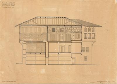 Καστοριά, οικία Νανζή. Αρχιτεκτονικό σχέδιο, αναπαραγωγή τομής, του Jenny M. για τον Σύλλογο Ελληνική Λαϊκή Τέχνη, 1935