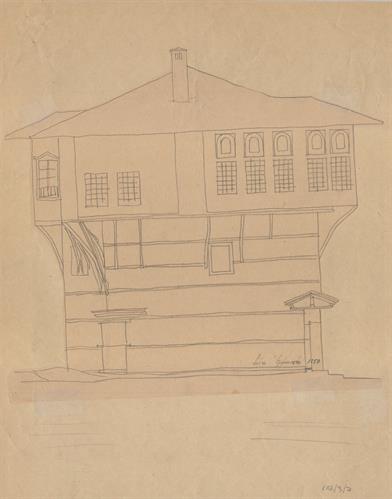 Καστοριά, οικία Εμμανουήλ. Μακέτα, νότια όψη, του Jenny M. για τον Σύλλογο Ελληνική Λαϊκή Τέχνη, 1936 (;)