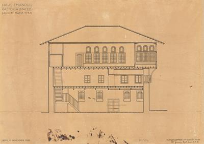 Καστοριά, οικία Εμμανουήλ. Αρχιτεκτονικό σχέδιο, αναπαραγωγή τομής, του Jenny M. για τον Σύλλογο Ελληνικής Λαϊκής Τέχνης, 1935