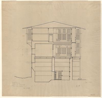 Καστοριά, οικία Τσετσαπά. Αρχιτεκτονικό σχέδιο, τομή κατά πλάτος, του Δημήτρη Μωρέτη για τον Σύλλογο Ελληνική Λαϊκή Τέχνη, 1936