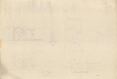 Καστοριά, αρχοντικό Σαχίνη. Αρχιτεκτονικό σχέδιο, λουτρό, πρόσοψη - τομή - κάτοψη - λεπτομέρειες, προσχέδιο, της Πασχαλίδου - Μωρέτη Αλεξάνδρας για τον Σύλλογο Ελληνική Λαϊκή Τέχνη, 1936