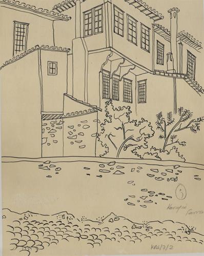 Καστοριά, αταύτιστη οικία. Αρχιτεκτονικό σχέδιο, προοπτικό όψεως, του Γιώργου Γιαννουλέλλη για τον Σύλλογο Ελληνική Λαϊκή Τέχνη, 1936
