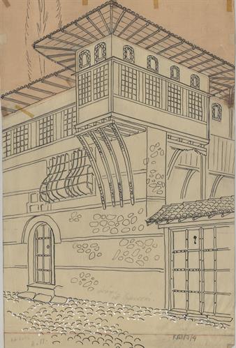 Καστοριά, αταύτιστη οικία. Αρχιτεκτονικό σχέδιο, προοπτικό όψεως, της Πασχαλίδου - Μωρέτη Αλεξάνδρας για τον Σύλλογο Ελληνική Λαϊκή Τέχνη, 1936