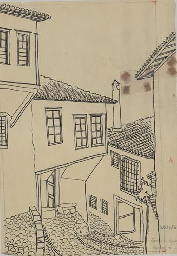 Καστοριά. Αρχιτεκτονικό σχέδιο, προοπτικό όψεων σε δρόμο, του Γιώργου Γιαννουλέλλη για τον Σύλλογο Ελληνική Λαϊκή Τέχνη, 1936