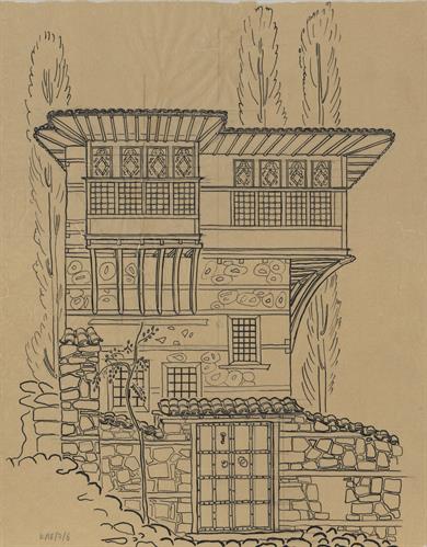Καστοριά, αταύτιστη οικία. Αρχιτεκτονικό σχέδιο, προοπτικό όψεως, για τον Σύλλογο Ελληνική Λαϊκή Τέχνη, 1936
