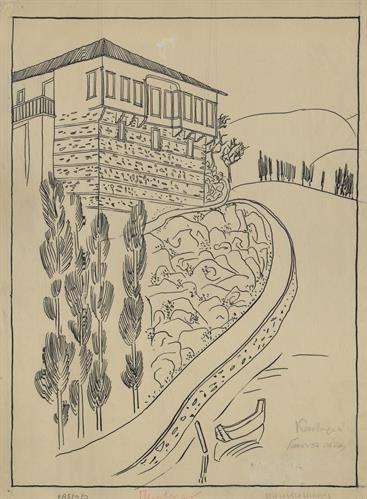 Καστοριά, αταύτιστη οικία. Αρχιτεκτονικό σχέδιο, προοπτικό όψης και περιβάλλοντος χώρου, του Γιώργου Γιαννουλέλλη για τον Σύλλογο Ελληνική Λαϊκή Τέχνη, 1936