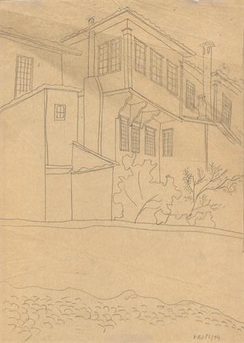 Καστοριά, αταύτιστη οικία. Αρχιτεκτονικό σχέδιο, προοπτικό όψεως - σκαρίφημα, του Γιώργου Γιαννουλέλλη για τον Σύλλογο Ελληνική Λαϊκή Τέχνη, 1936