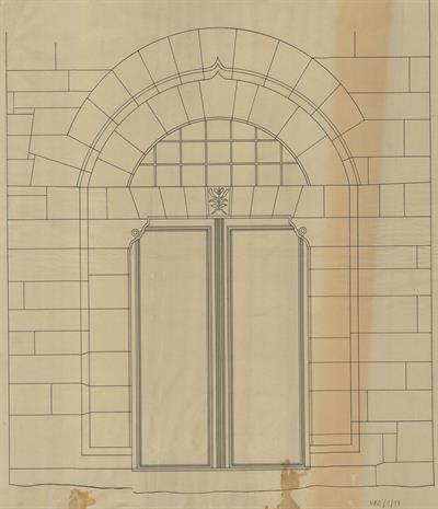 Κλεισούρα Καστοριάς, οικία Αργυροπούλου. Αρχιτεκτονικό σχέδιο, εξώθυρα όψης Α&#039;, του Σταυρίδη Θ. για τον Σύλλογο Ελληνική Λαϊκή Τέχνη, 1937