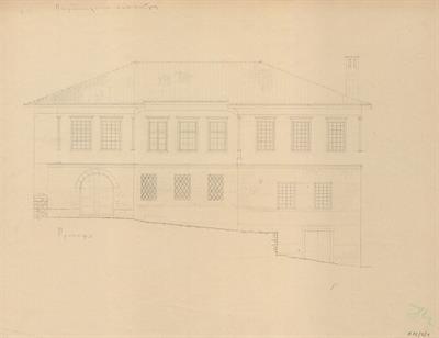 Κλεισούρα Καστοριάς, παρθεναγωγείο. Αρχιτεκτονικό σχέδιο, πρόσοψη, προσχέδιο, του Βαλάτα Γ. για τον Σύλλογο Ελληνική Λαϊκή Τέχνη, 1937