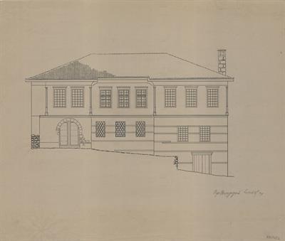 Κλεισούρα Καστοριάς, παρθεναγωγείο. Αρχιτεκτονικό σχέδιο, πρόσοψη, του Βαλάτα Γ. για τον Σύλλογο Ελληνική Λαϊκή Τέχνη, 1937