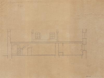 Κλεισούρα Καστοριάς, παρθεναγωγείο. Αρχιτεκτονικό σχέδιο, τομή, προσχέδιο, του Περικλή Χατζόπουλου για τον Σύλλογο Ελληνική Λαϊκή Τέχνη, 1937