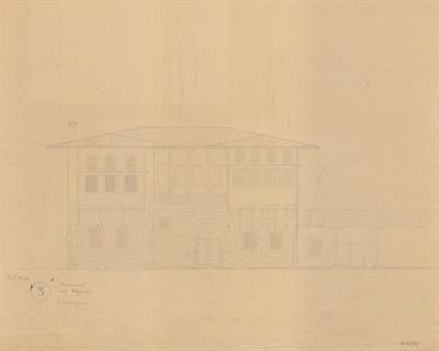 Κοζάνη, οικία Βούρκα. Αρχιτεκτονικό σχέδιο, πρόσοψη, προσχέδιο, της Πασχαλίδου - Μωρέτη Αλεξάνδρας για τον Σύλλογο Ελληνική Λαϊκή Τέχνη, 1936
